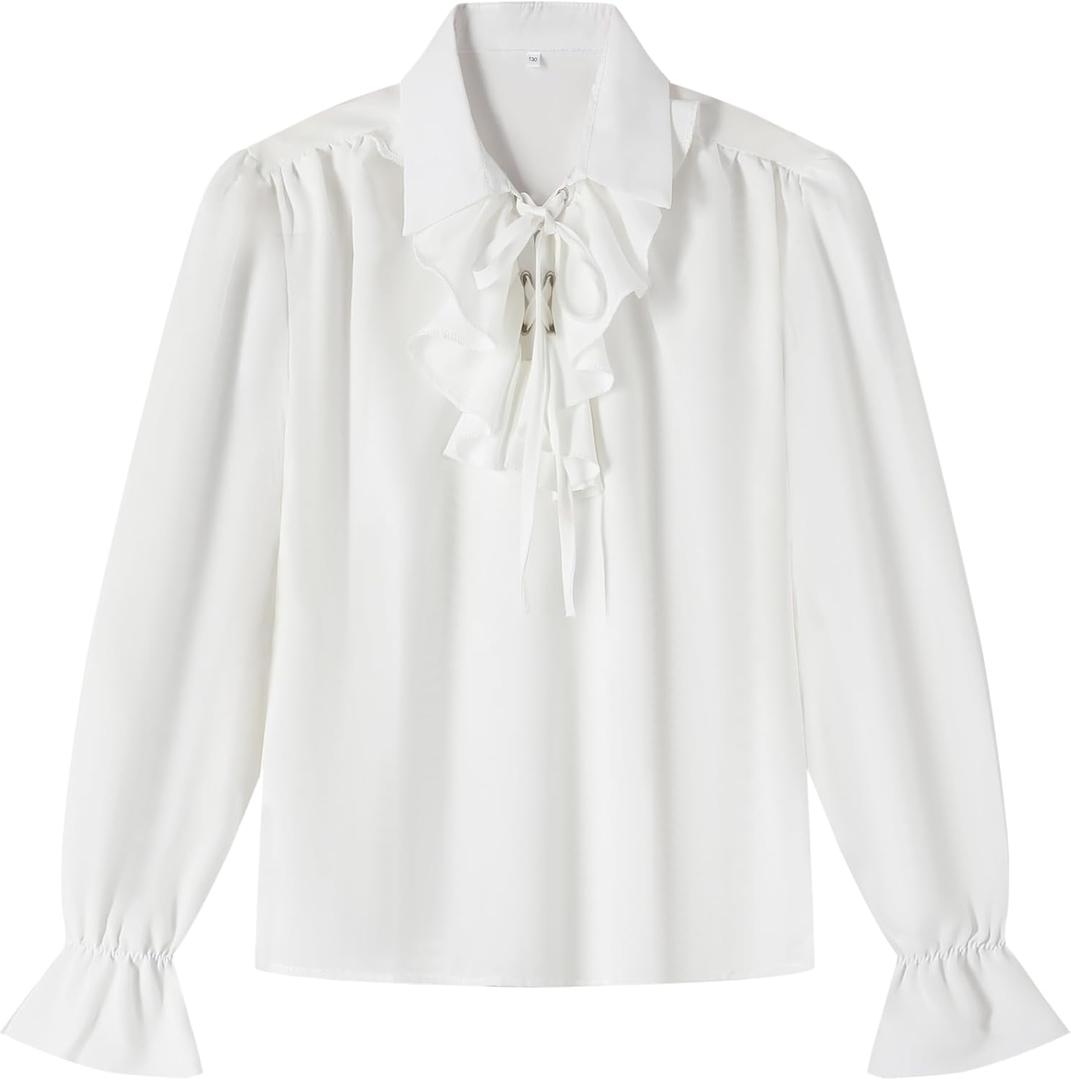 Boys Medieval Pirate Shirt Child Renaissance Ruffle Shirt Scottish Jacobite Ghillie Tops Kids Steampunk Vampire (10-12 Years) White