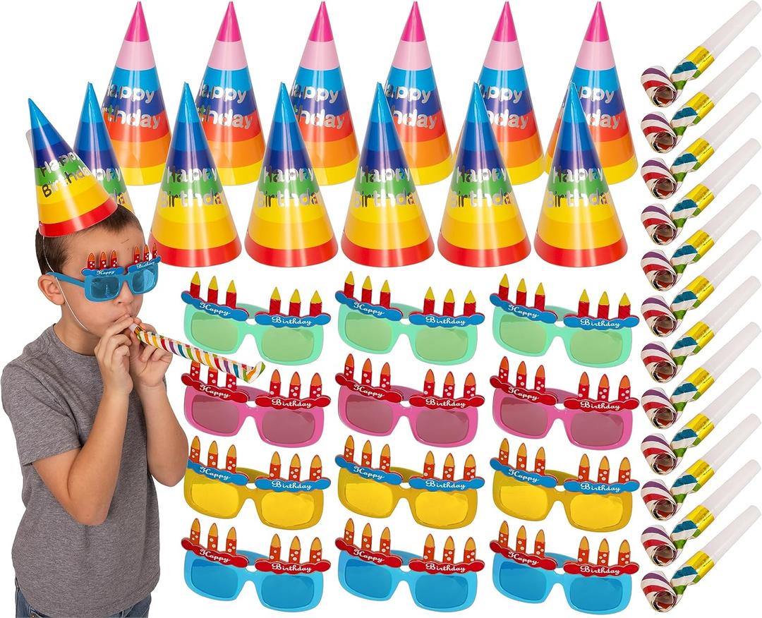 Tigerdoe Birthday Party Hats - Happy Birthday Theme Set- Party Supplies and Decor - 36 Piece Set - 12 Hats - 12 Sunglasses - 12 Whistles -