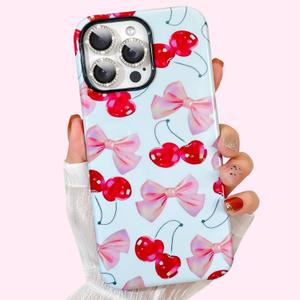 Case for iPhone 14 Pro Max Case,Cute Pink Ribbon Bow Cherry Pattern Phone Case with Shockproof Slim Soft TPU and Hard PC Protective Cover for Girls Women (Glossy)