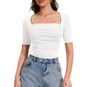 Amoretu Women's 2025 Ruched 1/2 Sleeve T-Shirts Square Neck Fitted Going Out Tops (White, XL)