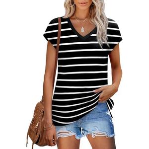SAMPEEL Womens Summer Tops 2025 Cap Sleeve Trendy V Neck Loose Fit T Shirts, Size: L