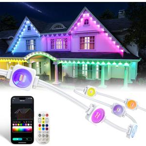 Permanent Outdoor Lights,1ft RGB IC Outdoor Lights with 1 LED Lights for House Roof,Christmas,Holiday,Party,Daily Lighting,IP67 Waterproof,Eaves Light with Multi Scene Modes for Halloween (52.8ft, White)