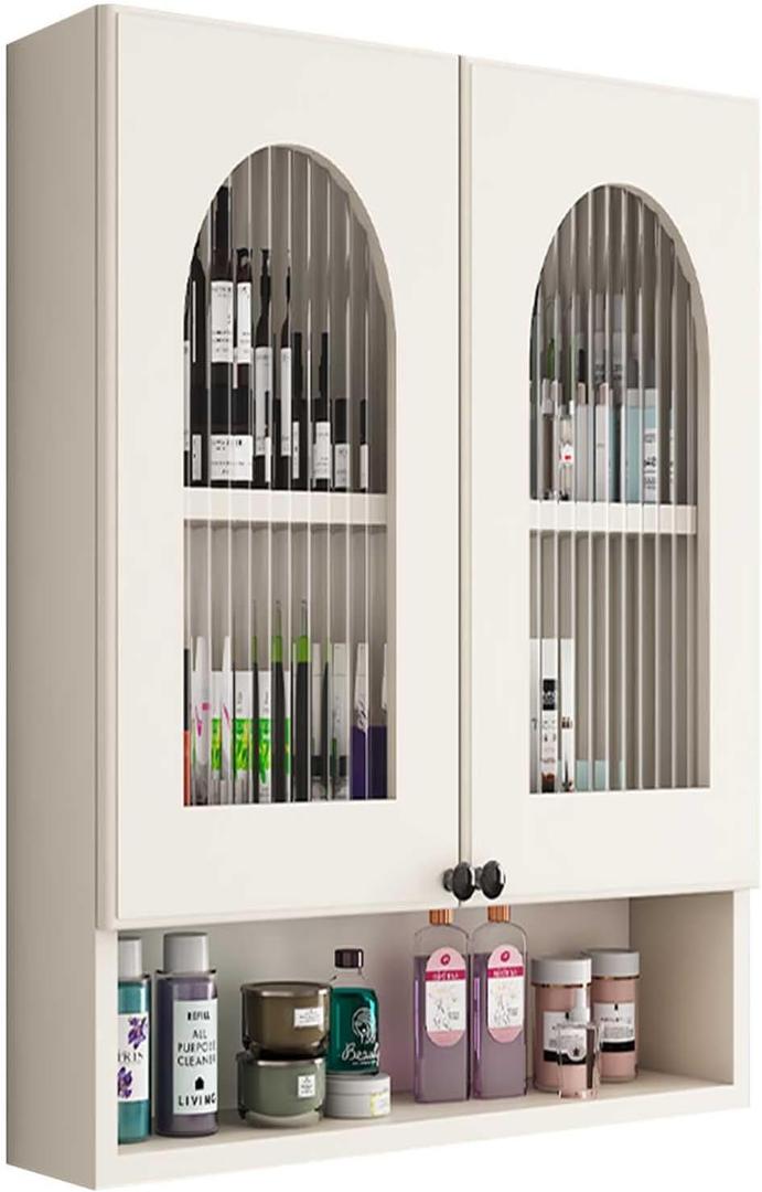 Wall Mounted Bathroom Cabinet,Wooden Medicine Cabinet with Open Compartment, with Buffering Hinges and Locker Tempered Glass Doors, Space Saver Storage Cabinets Over The Toilet for Bathroom