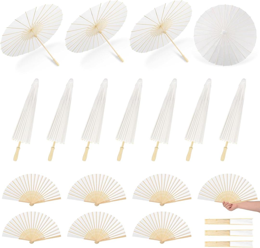 PLUVAVA 5 PCS 33 Inch White Paper Umbrella and 5 PCS Folding Handheld Fans Paper Parasols Large Chinese Japanese Oiled Umbrella DIY Painting Carfts for Wedding Props Bridal Party Décor (5 PCS)