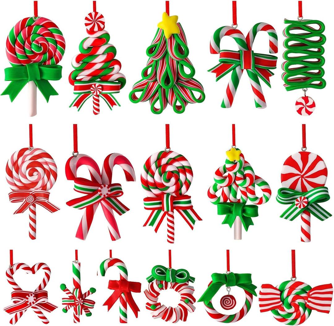 16 Pieces Christmas Candy Cane Ornaments, Decorative Colorful Mini Candy Cane Hanging Ornaments Polymer Clay Christmas Mint Pendants for Party Home Decoration