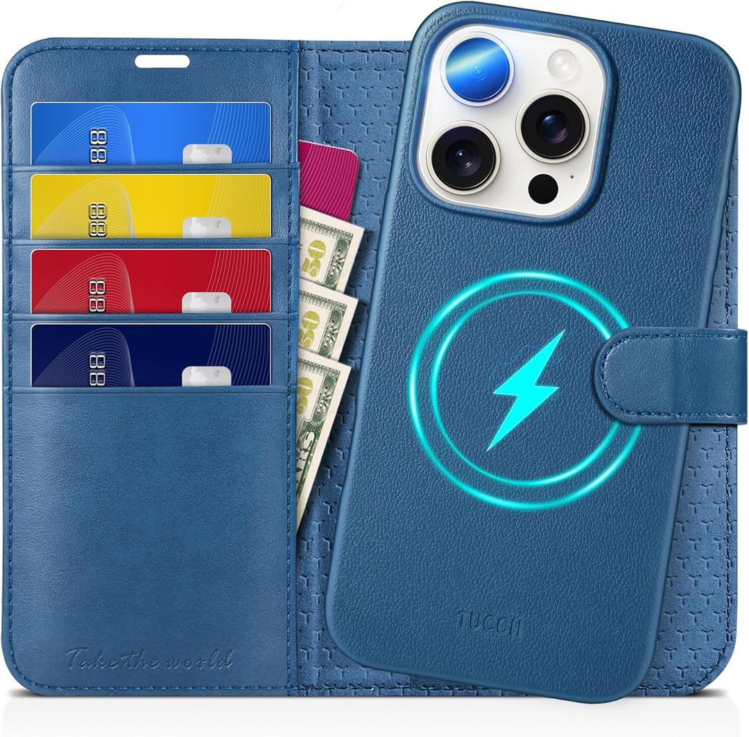 TUCCH Case Wallet for iPhone 16 Pro, [Detachable] Stand RFID Blocking 4 Card Slot Shockproof Interior Case, PU Leather Magnetic Removable Flip Cover Compatible with iPhone 16 Pro, Light Blue