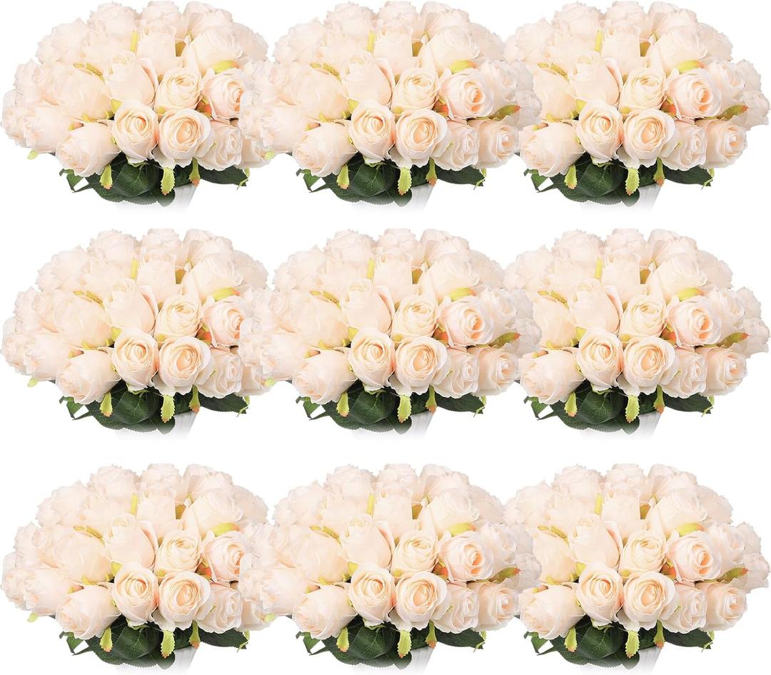 Jexine 100 Pieces Artificial Roses Flowers Bulk, Long Stem Realistic Fake Silk Roses Bouquet for Table Centerpiece Vases Wedding Party Kitchen Decor(Beige)