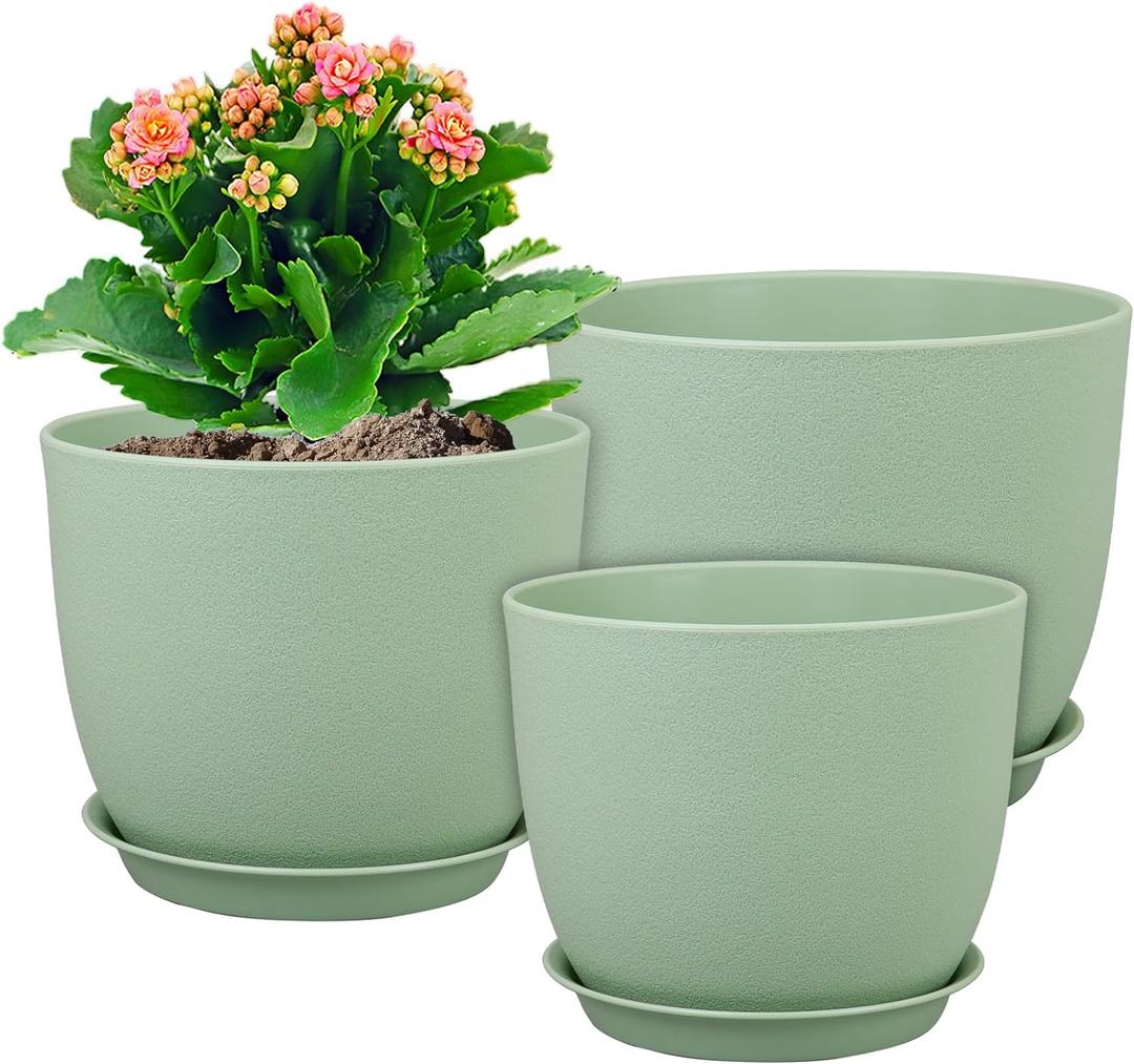 WSMKSZ Medium Plant Pots 10/9/8 inch, Flower Pots for Indoor Outdoor Plants, Set of 3 Modern Decorative Plastic Planters with Drainage Holes and Saucers for House Porch Garden Plants, Green