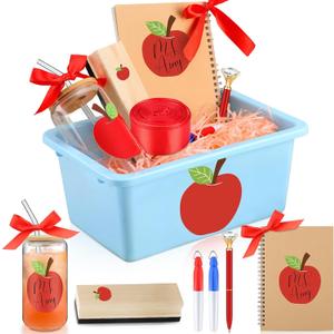 8 Pcs Back to School Teacher Gift from Students Thank You Teacher Appreciation Gift Set for First Day of School Women Glass Cup Basket Notebook Pen Dry-erase Marker