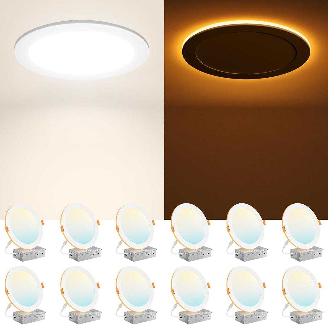 Amico 12 Pack 8 Inch 5CCT LED Recessed Ceiling Light with Night Light, 2700K/3000K/3500K/4000K/5000K Selectable Ultra-Thin Recessed Lighting, 18W=120W, 1600LM, Dimmable Canless Wafer Downlight ETL&FCC (White)
