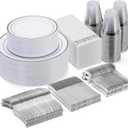 Goodluck 350 Pieces Silver Dinnerware Set for 50 Guests, disposable Plastic Plates for Party, Include: 50 Dinner Plates, 50 Dessert Plates, 50 Paper Napkins, 50 Cups, 50 Silverware set