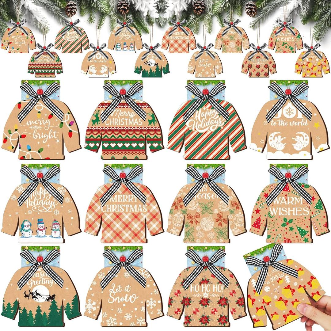 12 Pcs Winter Card Holder Gift Ugly Sweater Shaped Wooden Money Holders Money and Card Sleeves Thank You Appreciation Gift Decor(Joy)