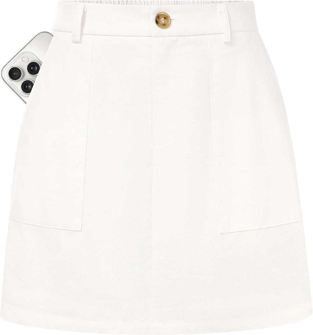 Kate Kasin Women Linen Mini Skirt with Shorts Underneath, High Waisted A Line Skort with Pockets, Dressy Casual Work Skirts (White, M)