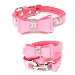 Dazzling Rhinestone Dog Collar with Soft Fabric and Crystal Bow Tie - Elegant and Glamorous Puppy Collars for Small Dogs with Leash in Pink (Large (Pack of 1))