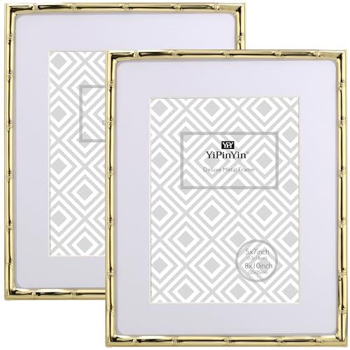 YiPinYin 8x10'' Bamboo Detail Gold Metal Picture Frame with Acid Free Mat for 5 X7'' Set of 2, Elegant Narrow Plated Photo Frames 5x7'' With Velvet Backing for Desktop and Wall Décor(Gold)