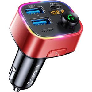 Syncwire Bluetooth 5.4 FM Transmitter Car Adapter 48W (PD 36W & 12W) [Light Switch] [Hi-Fi Deep Bass] [Fast Charge] Wireless Radio Music Adapter LED Display Hands-Free Calling Support USB Drive, Red