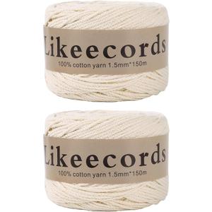 Likeecords 100% Cotton Macrame Cord 1.5mm x 330 Yards (300m)1.5m Macrame Yarn Crochet Macrame Bag Cord Crafts for Bags and Knitting Home Decorations(Beige) (2 Skeins)