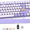 Wireless Keyboard, Round Keycaps, Retro Typewriter Keyboard with Detachable Wrist Rest, Sleep Mode, Foldable Legs, 2.4GHz Full-Size Cordless Computer Keyboard for Windows/PC/Laptop (Colorful-Purple)