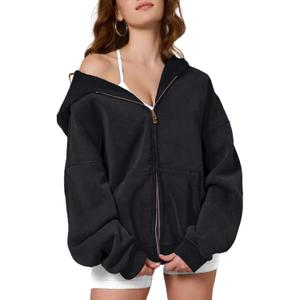 Dnzzs Womens Zip Up Hoodie Oversized Acid Wash Sweatshirts Heavyweight Fall Fashion Outfits Casual Jackets Winter Clothes (Large, Black)