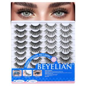 BEYELIAN Fake Eyelashes Strip 20 Pairs Fluffy Cat Eye Lashes Soft and Lightweight False Lashes 3D Volume Faux Mink Lashes Luxurious Lash Pack, Reusable, Easy to Apply (20P-HSCS-MIX-2)