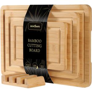 Bamboo Cutting Board Set of 3 with Vertical Stand | Deep Liquid Grooves & Anti-Slip Handles | Heavy Duty Wood Chopping Boards for Kitchen | Natural, Sustainable & Knife-Friendly