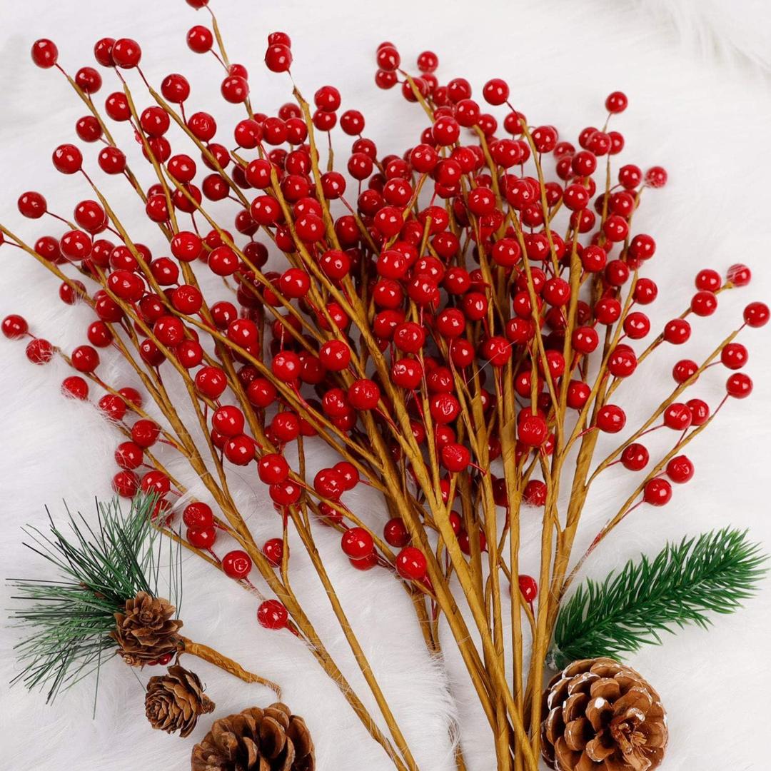 DR.DUDU 12 Red Holly Berry Stem Picks - Decorative Wire Stem Branch Sprays for Christmas Tree Decoration, Holiday Decor, Silk Flower Arrangements, Home DIY Crafts