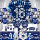 16th Birthday Decorations for Boys Girls, 131PCS Navy Blue Silver 16th Birthday Party Supplies Blue Happy 16th Birthday Banner Balloons Napkins Cups Tablecloth Foil Backdrops for Sweet 16th Birthday