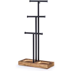 Love-KANKEI Jewelry Organizer Stand Metal & Wood Base and Large Storage Necklaces Bracelets Earrings Holder Organizer Gift Black and Carbonized Black (3 Tiers)