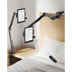 Kindle Holder with Remote Page Turner – Kindle Stand with Remote Page Turner for Bed, Hands-Free Clip Mount, Easy-Adjust Steel Arm (Not Gooseneck), No Text Blocking
