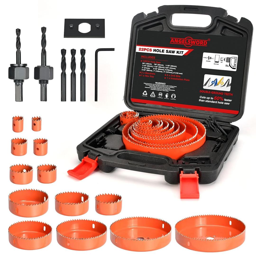 ANGELSWORD Hole Saw Set 22 PCS Double-Ground Teeth Hole Saw Kit, Hole Saw Drill Bit Kit, 3/4"-6" (19-152mm) 13 PCS Saw Blades, for Drywall, Soft Wood, Plywood, Plastic, PVC