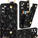 Petitian for Samsung Galaxy S23 Case with Wallet - Women Girls Cute Girly Aesthetic Unique Design Leather Credit Card Holder Cardholder Stand Wristband for S23, Black Butterfly