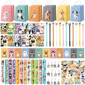 122 Pcs Dog Party Favors, Dog Themed Birthday Party Decorations, Cute Dog Goodie Bags Stuffers Make Your Own Stickers Keychain Wristbands Mini Notebooks for Kids Adopt a Puppy Party Favor