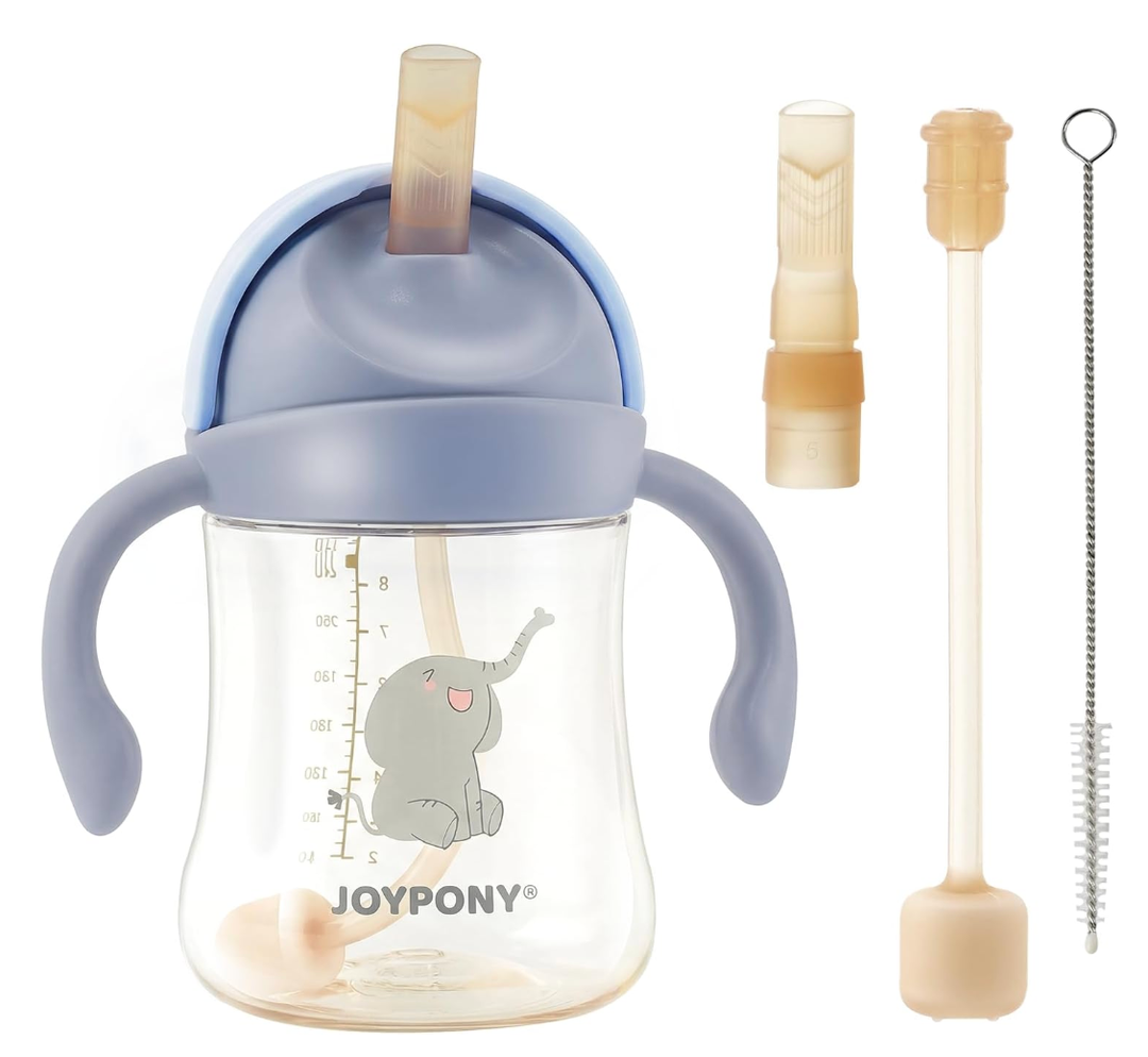 Joypony Sippy Cups for Toddlers 13, Spill Proof Weighted Straw Cup with Handle for Baby 6 Months + old, 2 Silicone Straws, PPSU, BPA Free, 9 oz (Blue)