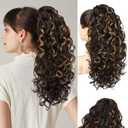 Flufymooz 100 Pure Protein Ponytail Extension, 18 Inch Curly Claw Clip Ponytail Hair Extensions Natural Soft pony tail hairpiece for women-Brown with Deep Blonde Highlight