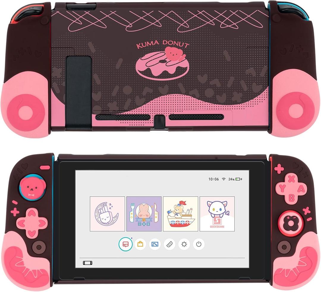 GeekShare Protective Case for Switch Slim Cover Case Separable Soft Silicone Protective Shell for Joycon with 2 Thumb Grip Caps- Strawberry Chocolate (for Switch 2017)