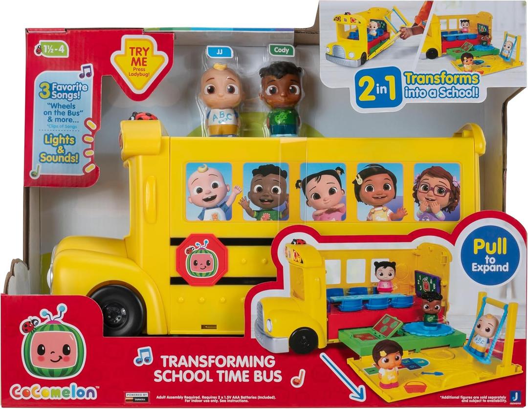CoComelon Transforming School Time Bus - Lights and Sounds - 3 Favorite Songs - 6 Areas of Play - Removable JJ and Cody Figures - Toys for Kids and Preschoolers