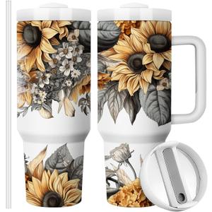 Equoza Sunflower Tumbler Gift for Women,Cowgirl Country Music Sunflowers Guitar 40oz Stainless Steel Travel Tumbler with Handle, Double Wall Vacuun Insulated Cup with Lid and Straw (Pack of 1)