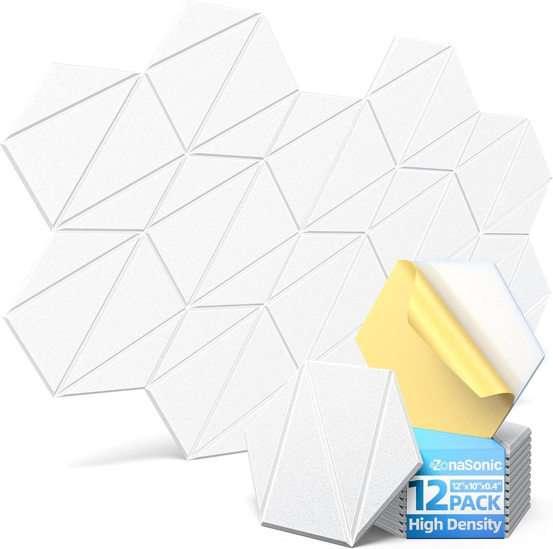 12 Pack Acoustic Panels with Self-Adhesive 12"X10"X0.4" Sound Proof Foam Panels for Walls, High Density Soundproof Wall Panels, Z-Line Hexagon Sound Dampening Panels for Home Studio Decor Office-White