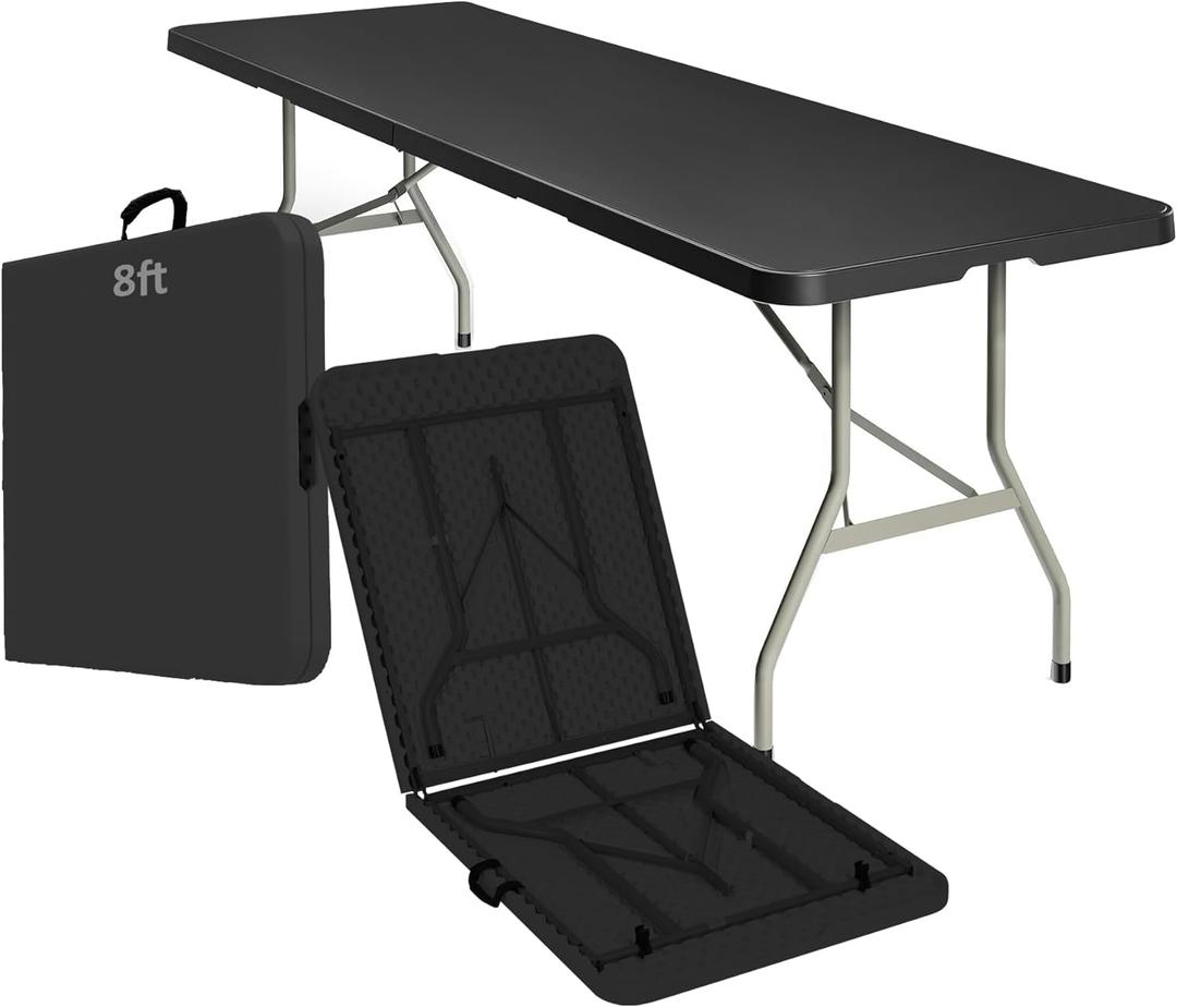 8ft Heavy Duty Portable Folding Table - Plastic Dining Table Indoor/Outdoor Black Plastic Table for Parties, BBQs, and Camping