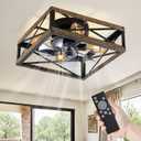 LEDIARY Caged Flush Mount Ceiling Fans with Lights and Remote, Rustic Square Low Profile Ceiling Fan, 6 Speed and Reversible, Small Farmhouse Bladeless Ceiling Fan for Bedroom, Kitchen, Dining Room, 16 Inch