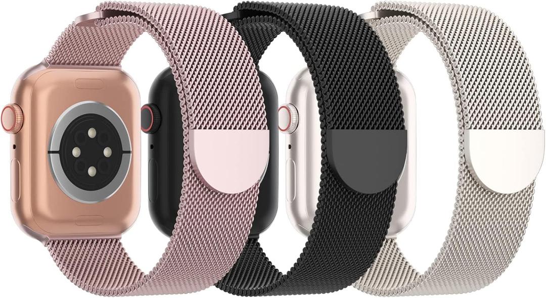 3 Pack Mesh Metal Band Compatible with Apple Watch Band 38mm 40mm 41mm 42mm 44mm 45mm 46mm 49mm, Stainless Steel Magnetic Loop Strap for iWatch Ultra 3 2 1 Series 11/10/9/8/SE/7/6/5/4/3 Men Women (A-Rose Gold/Black/Starlight)