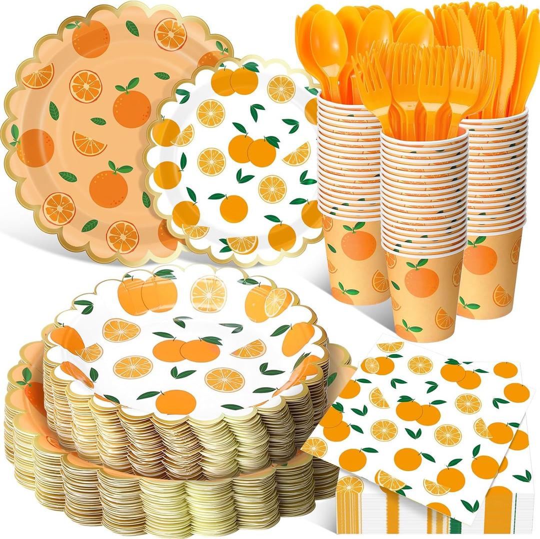 Funnymoom 400 Pcs Orange Party Supplies for 50 Guest Cutie Is on The Way Disposable Plates Napkin Cup Spoon Fork Knives for Tangerine Summer Outdoor Picnic Birthday Baby Shower Party Supplies
