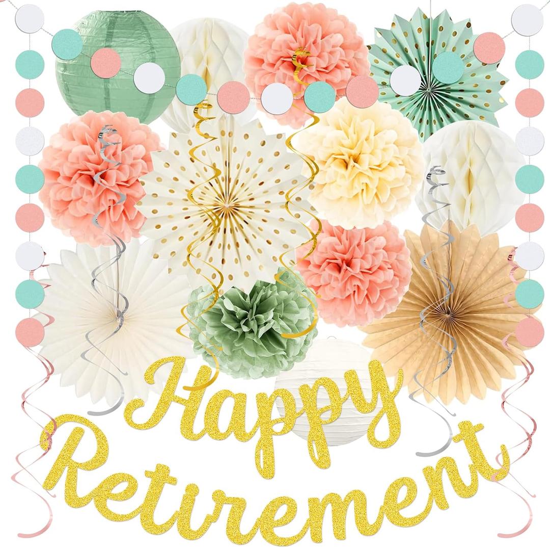 Retirement Party Decorations for Women --Sage Green Peach Pink Happy Retirement Banner Backdrop, Hanging Swirls, Pompoms Kit Office Retired Party Supplies for Coworker