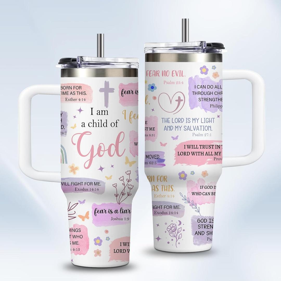 Christian Gifts for Women 30oz Tumbler - I Am a Child of God Insulated Travel Mug with Handle & Straw - Birthday Christmas Gifts, Inspirational Religious Catholic Baptism Confirmation Gift for Her