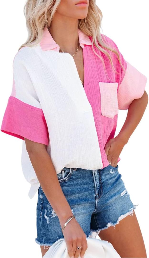 Dokotoo Womens Casual V Neck Short Sleeve Shirts Color Block Back Button Down Blouses Tops (Pink, L)
