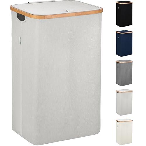 LONBET Laundry Basket with Lid, Made from Breathable Fabric | Aesthetic Clothes Hampers for Laundry with Side Handles & Sturdy Bamboo Frame (26 Gallons - Single, Beige)