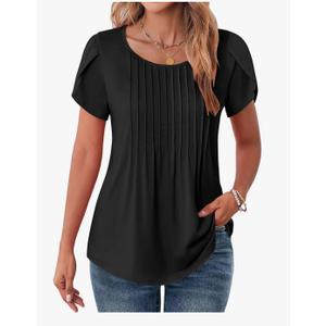 Womens Tops Petal Short Sleeve Summer Casual Crew Neck Shirts Floral Solid Blouse Pleated Tunics M