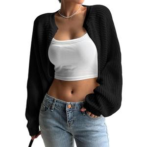 Womens Bolero Shrug Sweaters Long Sleeve Open Front Rib Knit Cropped Cardigan Sweater (Small, Black)