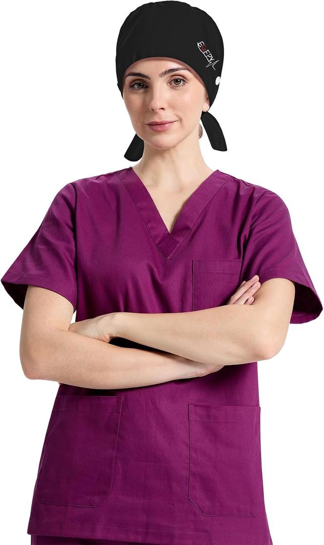 Working Cap Scrub Cap with Sweatband Buttons Adjustable Unisex Women Tie Back Hat Nurse Surgical Caps