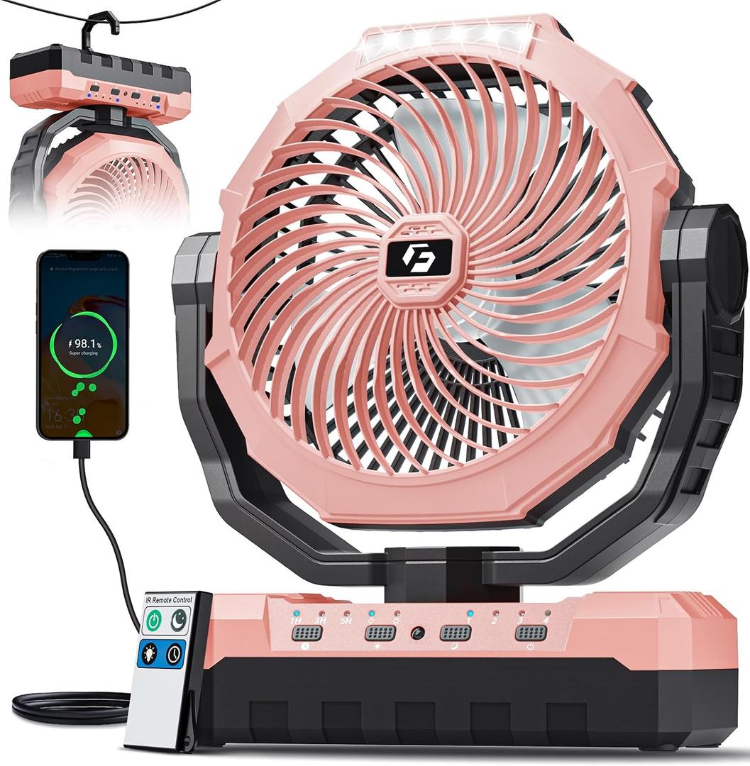 FRIZCOL 3-in-1 Camping Fan - Portable Fans Rechargeable - 24000mAh Battery Powered Fan with Light for Indoor, Outdoor, Tent, Travel, Fishing, Jobsite, Gifts for Men Dad Him - Pink